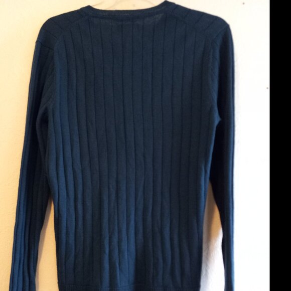 Dark Teal Merino Wool Blend V Neck Sweater 90s Minimalist Academia Classic - Picture 7 of 14